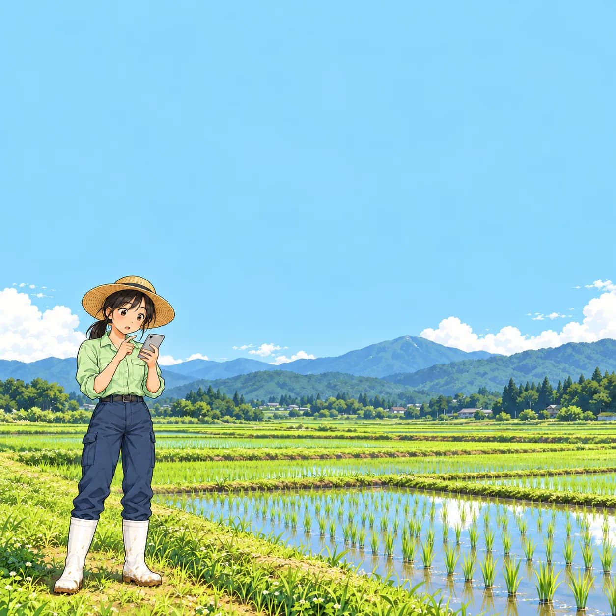田んぼのあぜで、スマホを見て首をかしげるみのり