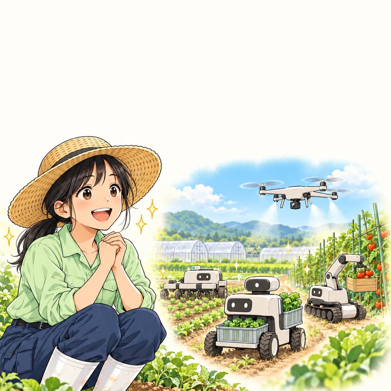 ロボットがすべての農作業をしてくれる場面を想像して、目を輝かせるみのり