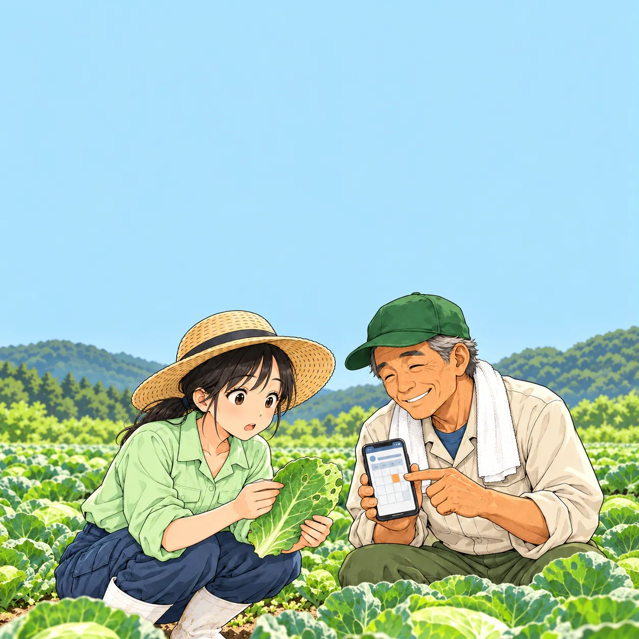キャベツ畑で、虫に食われた葉を見て困った顔のみのり。隣にゲンさん