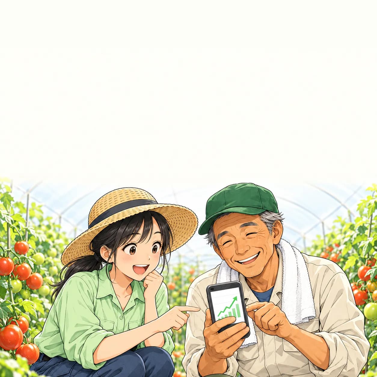 トマトのハウスの中で、スマホの収量グラフを一緒に見るみのりとゲンさん