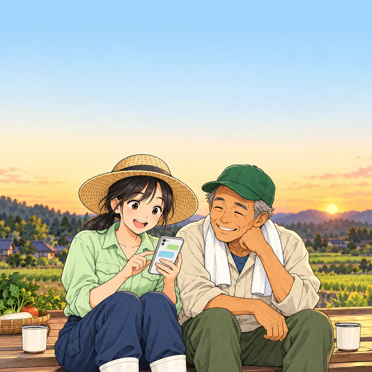 夕方の農家の縁側で、スマホのチャット画面に質問を打ち込むみのりと、隣でのぞきこむゲンさん