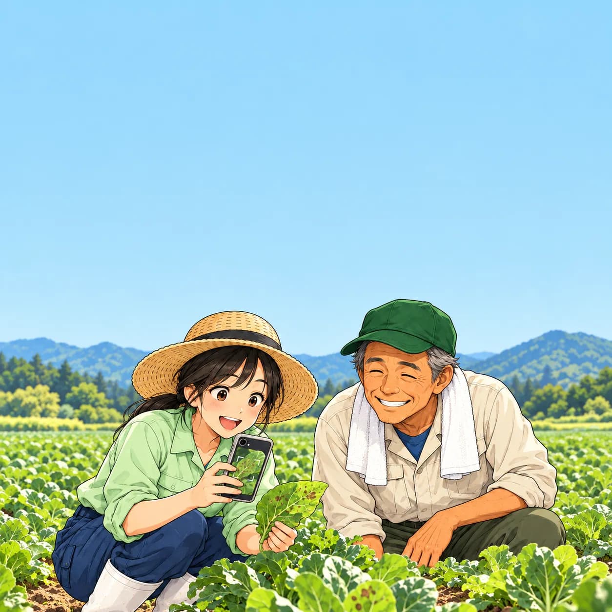 畑で病気の葉をスマホで撮影するみのり。ゲンさんが横からのぞいている