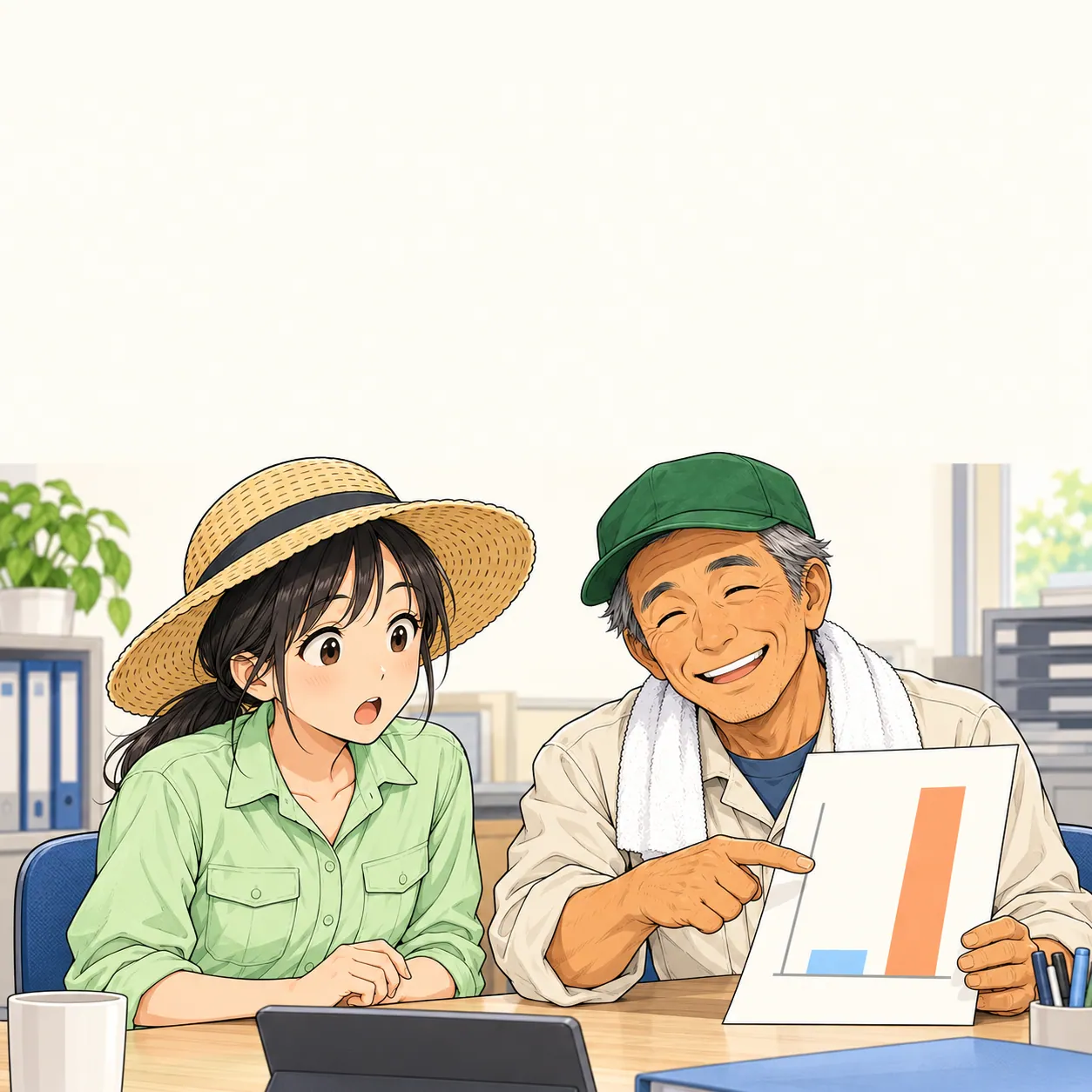 農協の事務所のような部屋で、棒グラフの資料を指さすゲンさん。驚くみのり