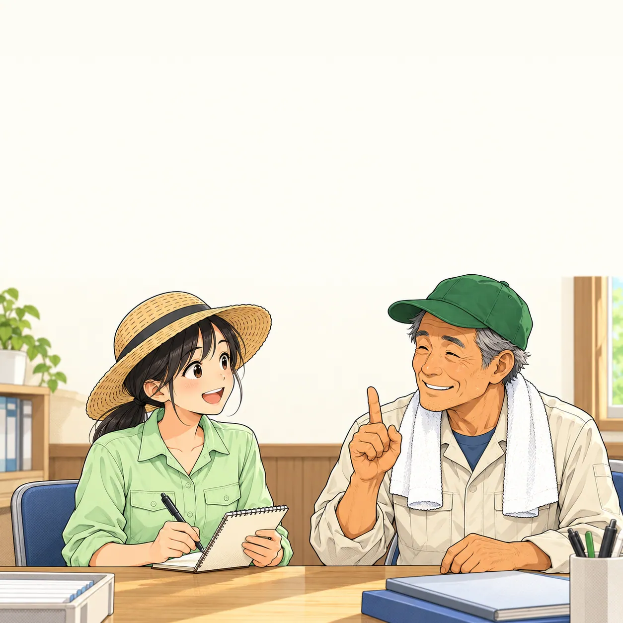 メモを取るみのりに、人差し指を立てて注意するゲンさん