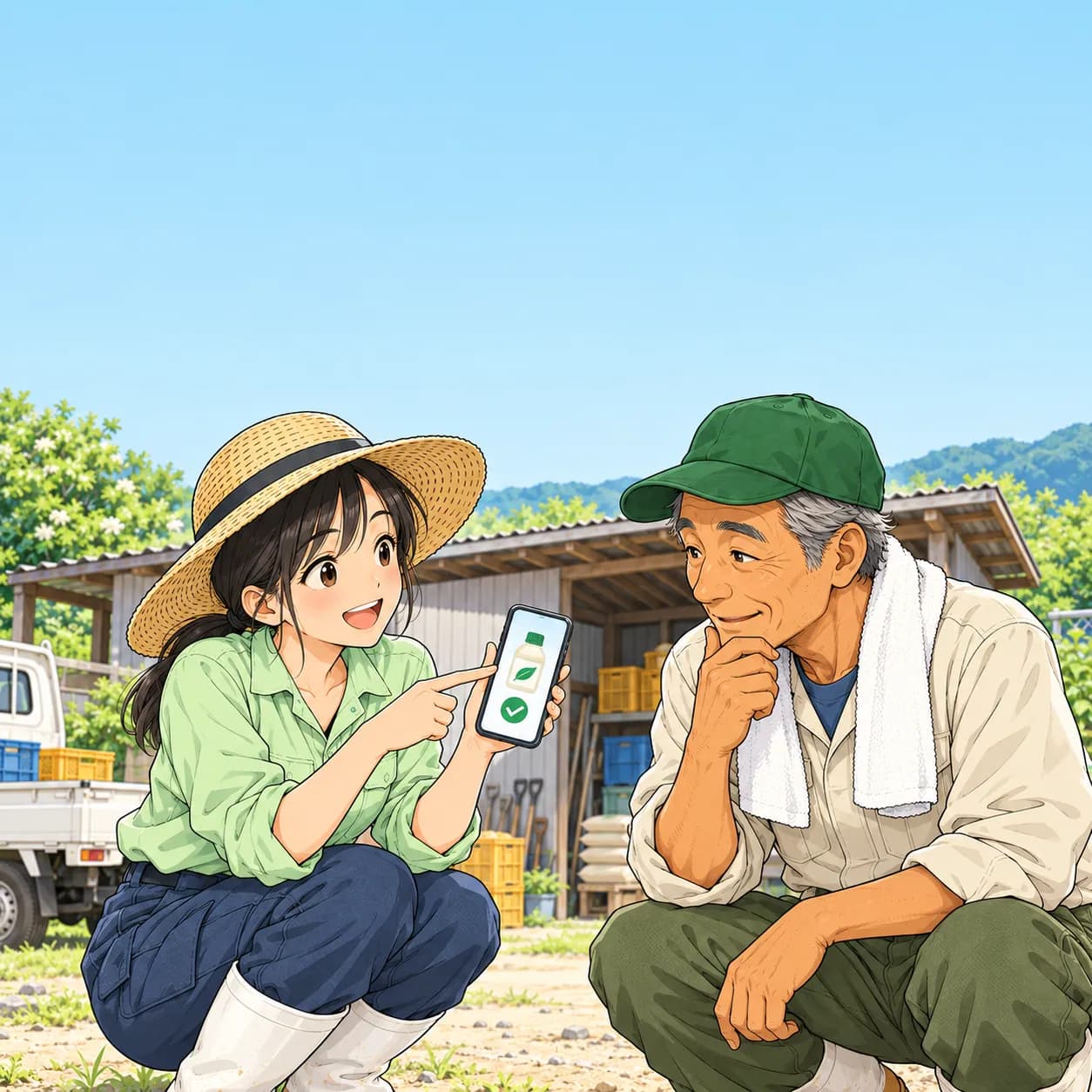 畑の農薬の倉庫の前で、スマホの画面を見せて質問するみのり