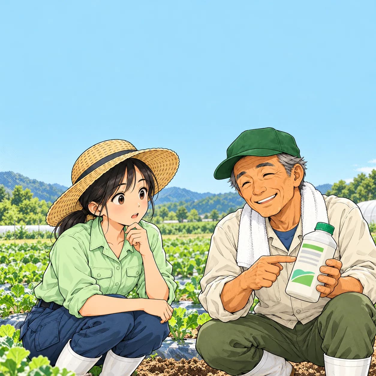 農薬のボトルのラベルを指さして説明するゲンさんと、真剣に聞くみのり