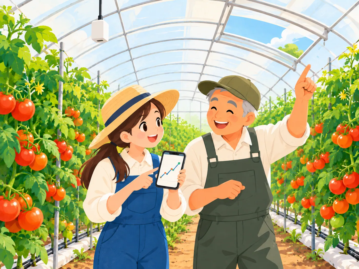 トマトが実るビニールハウスの中で、スマホのグラフを見る新人と換気窓を指さす先輩