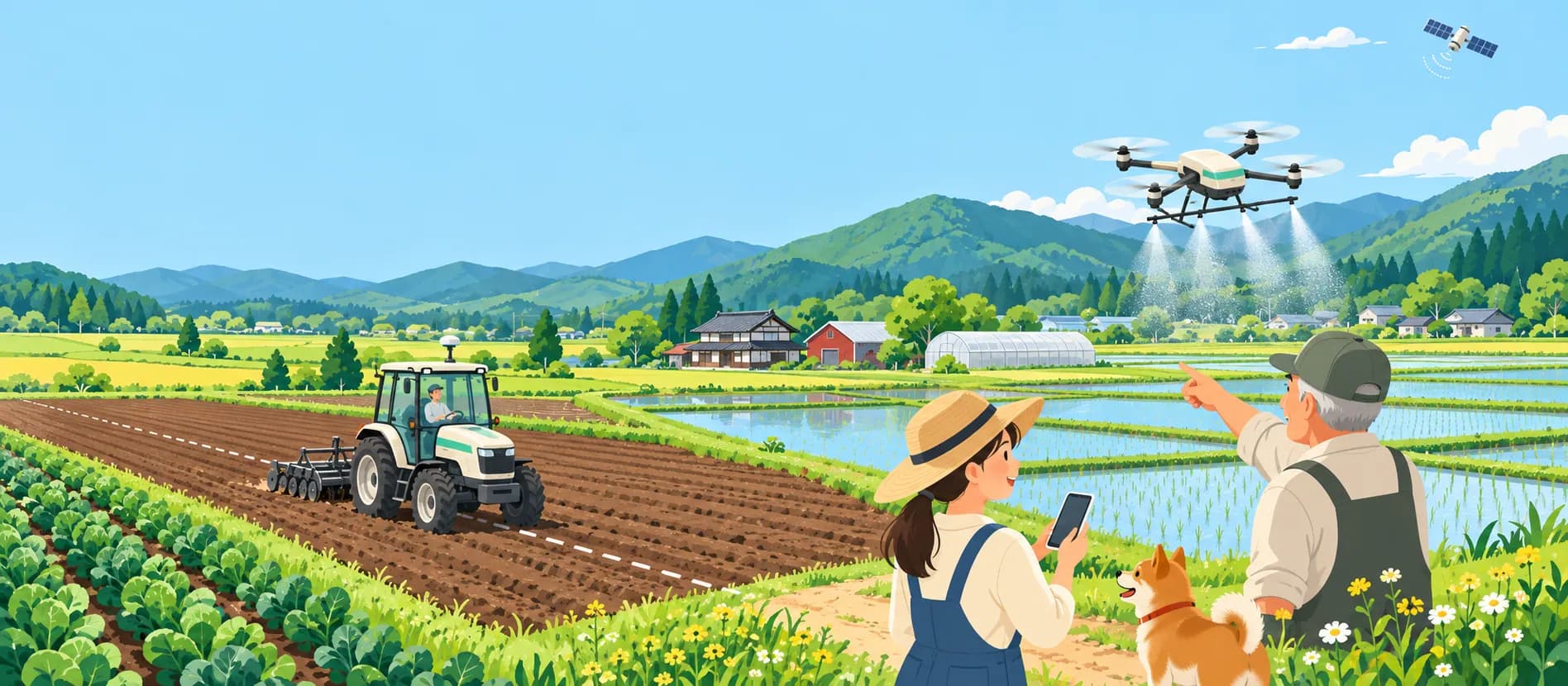 日本の田園で、自動でまっすぐ走るトラクターと、田んぼに散布するドローン、スマホを見る新人に教える先輩