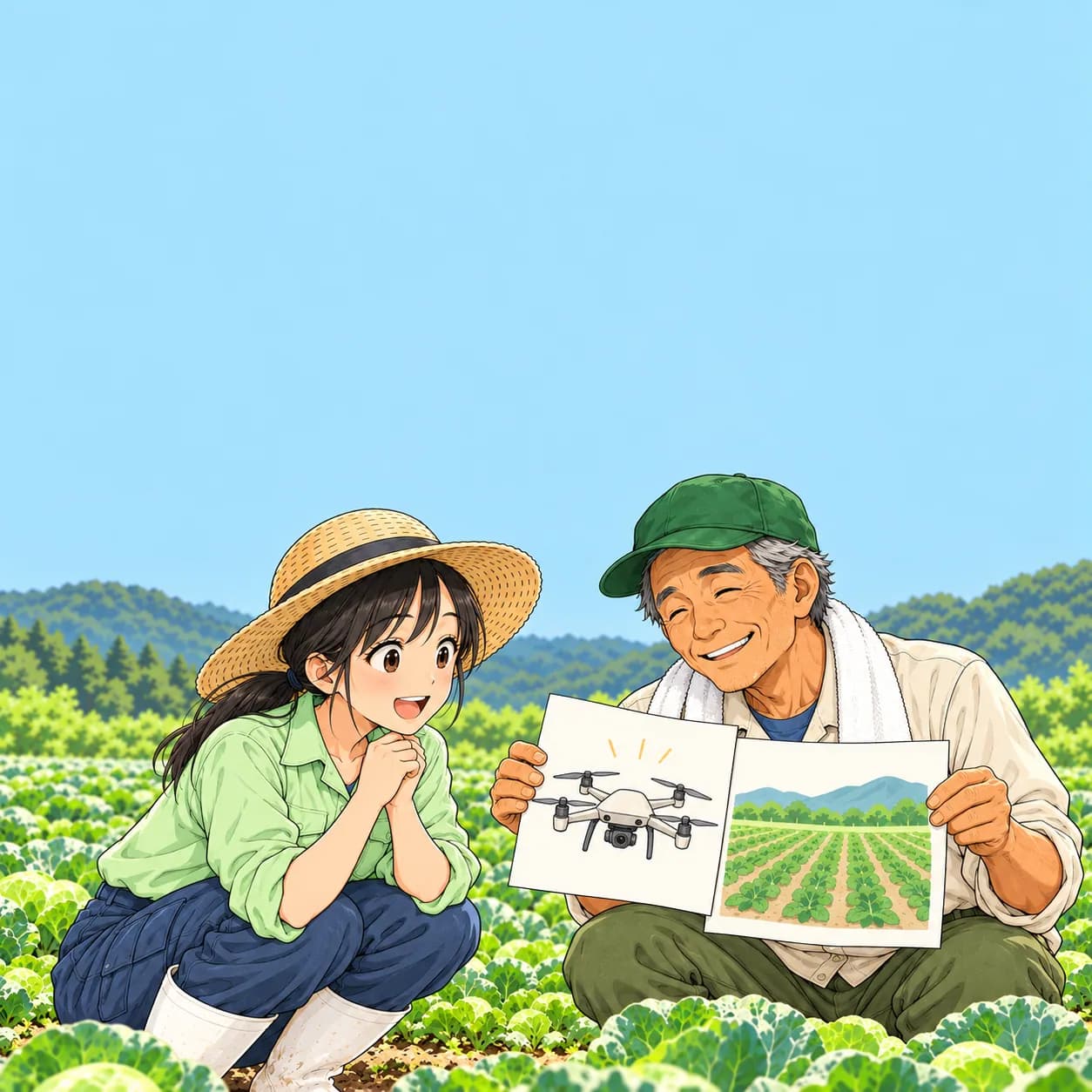 ゲンさんが、機械の絵と畑の絵が描かれた2枚の紙を両手で合わせて見せている
