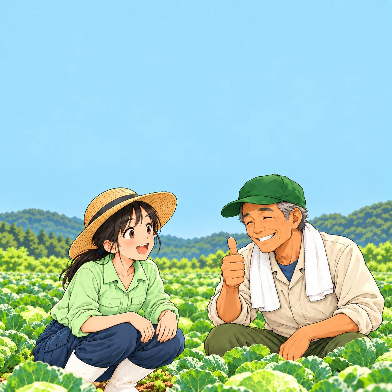 笑顔で親指を立てるゲンさんと、顔を上げて驚くみのり