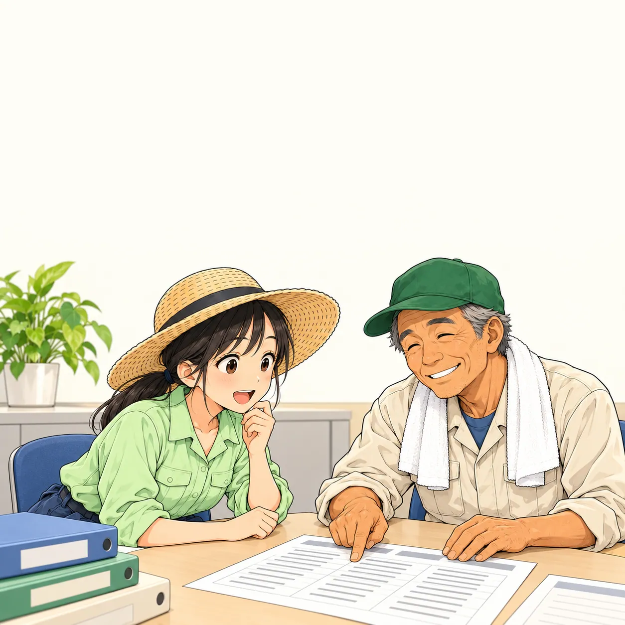 相談窓口のカウンターで、身を乗り出して質問するみのりと、資料を広げるゲンさん