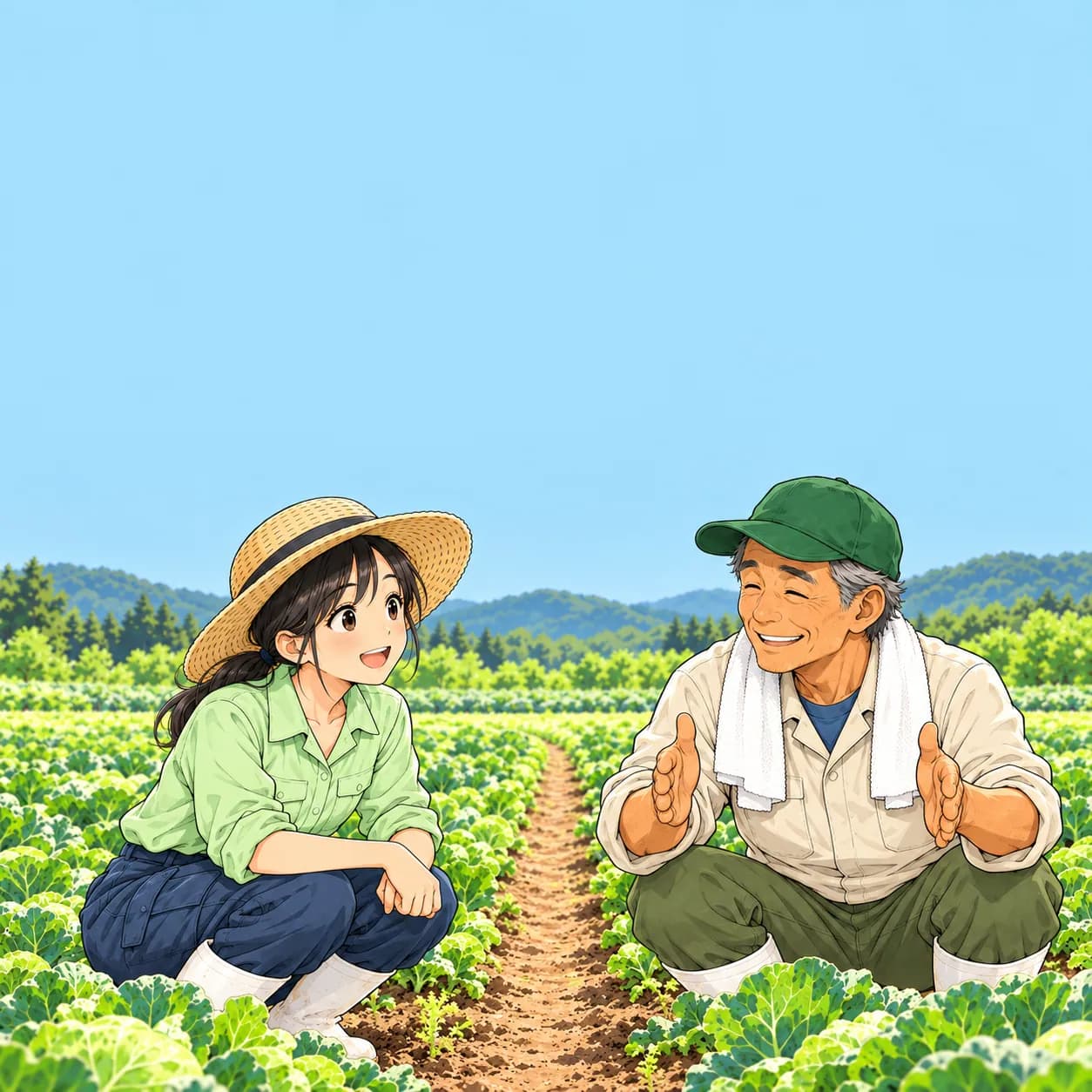 畑の前で、両手で畑の半分を区切るようなしぐさで説明するゲンさんと、うなずくみのり