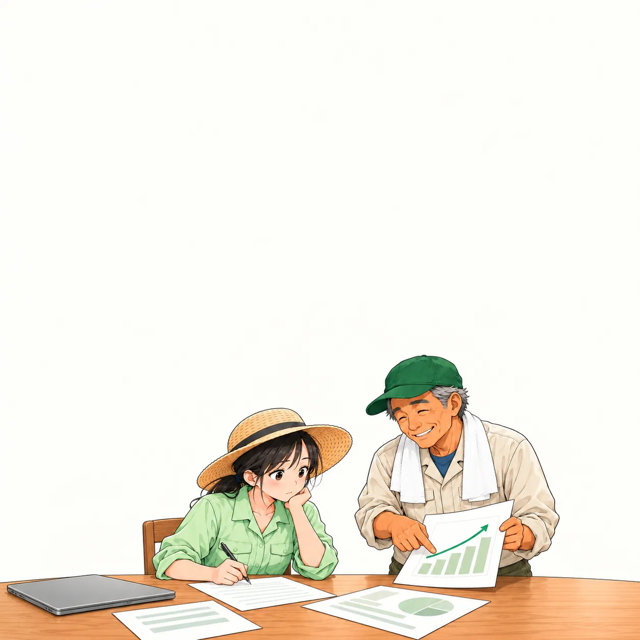 机に向かって計画書を書くみのりの横で、ゲンさんが右上がりのグラフを指さしている