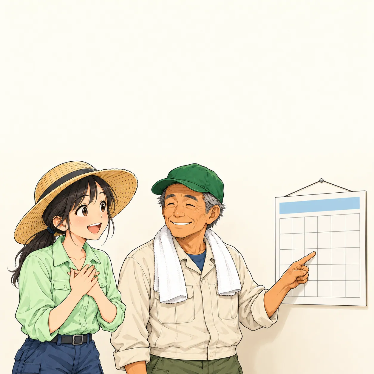カレンダーを指さして説明するゲンさんと、ほっとした表情のみのり