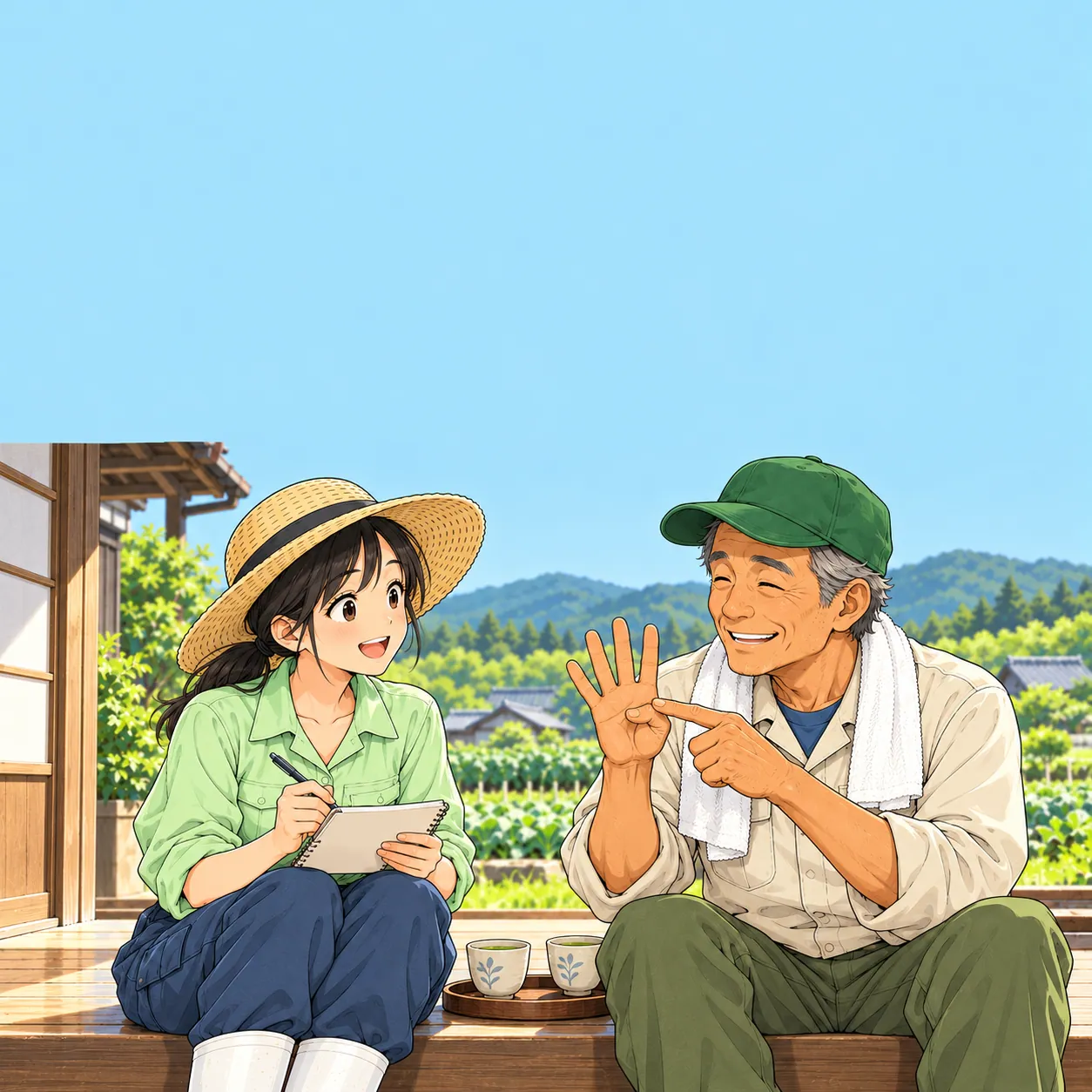 縁側でお茶を飲みながら、指を折って数えるゲンさんと、メモを取るみのり