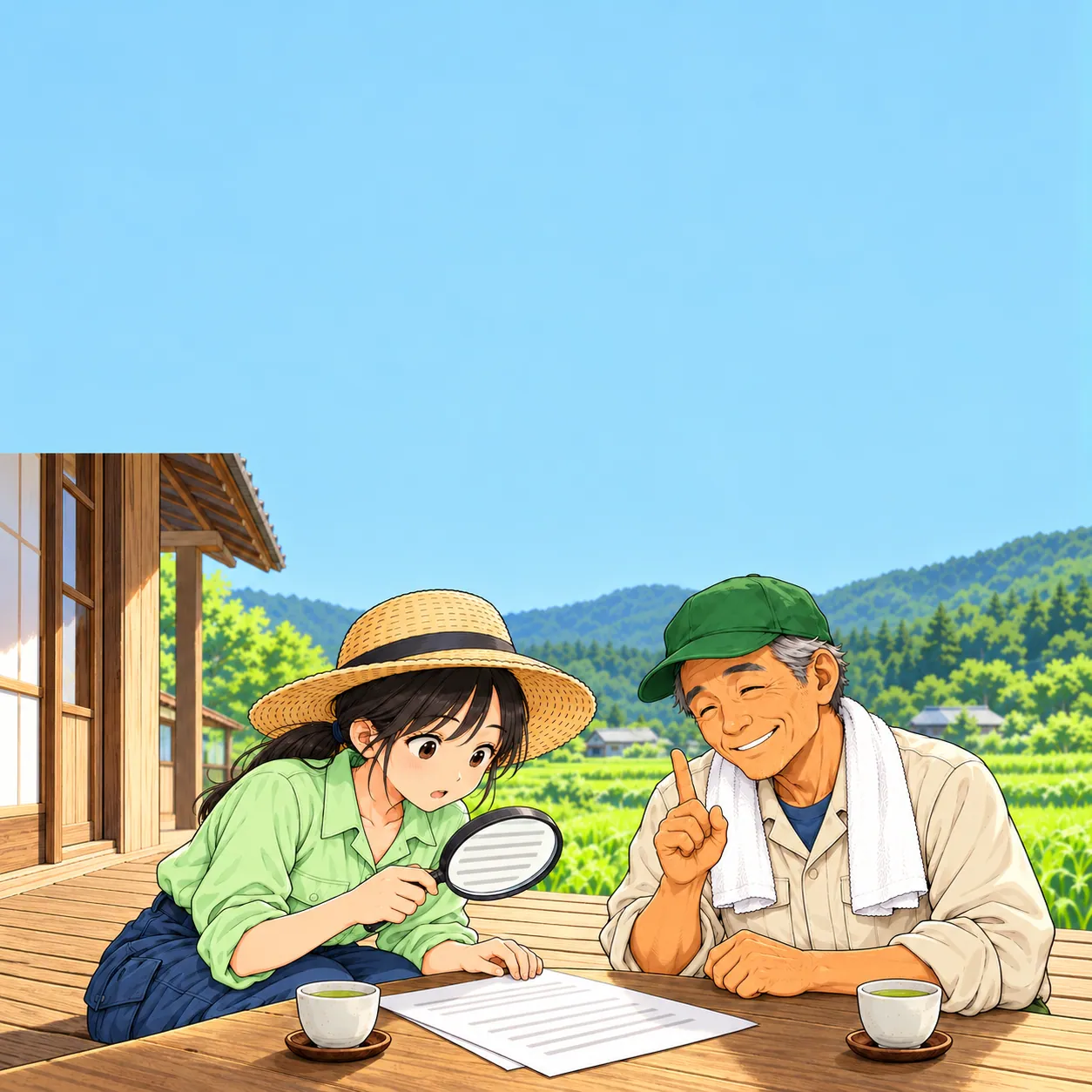書類を虫めがねでのぞくみのりと、横で人差し指を立てるゲンさん