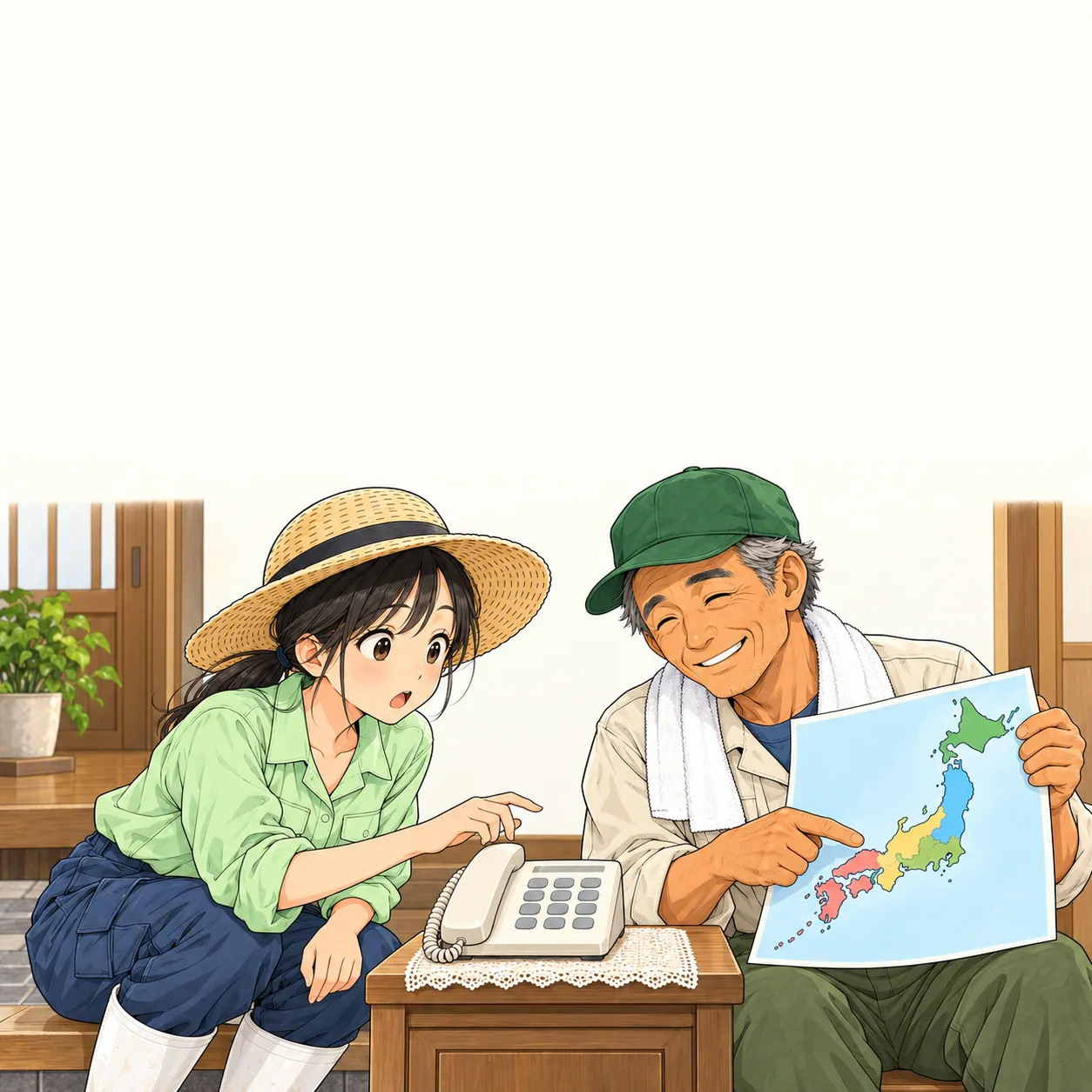 電話の前で受話器を取ろうとするみのりに、ゲンさんが地図を見せている