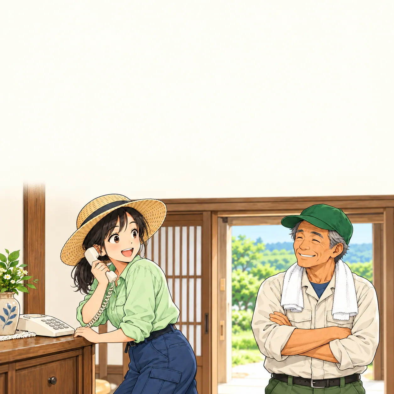 受話器を持って笑顔で振り返るみのりと、腕を組んで見守るゲンさん